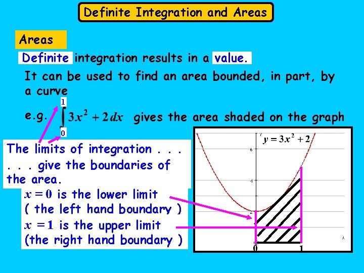 Definite Integration and Areas Definite integration results in a value. It can be used