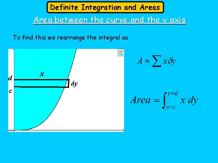 Definite Integration and Areas Area between the curve and the y axis To find