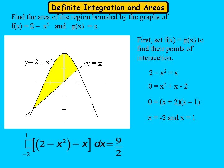 Definite Integration and Areas Find the area of the region bounded by the graphs