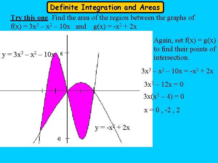 Definite Integration and Areas Try this one. Find the area of the region between