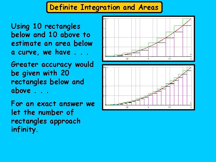 Definite Integration and Areas Using 10 rectangles below and 10 above to estimate an