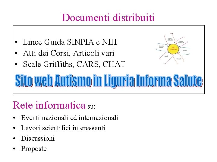 Documenti distribuiti • Linee Guida SINPIA e NIH • Atti dei Corsi, Articoli vari