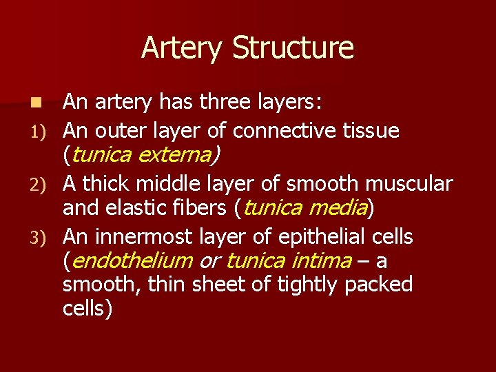 Artery Structure An artery has three layers: 1) An outer layer of connective tissue