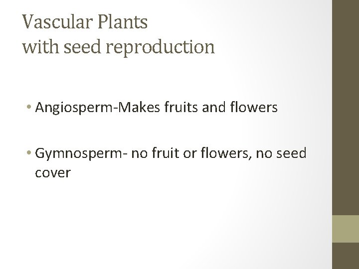 Vascular Plants with seed reproduction • Angiosperm-Makes fruits and flowers • Gymnosperm- no fruit