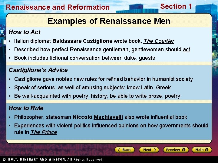 Renaissance and Reformation Section 1 Examples of Renaissance Men How to Act • Italian