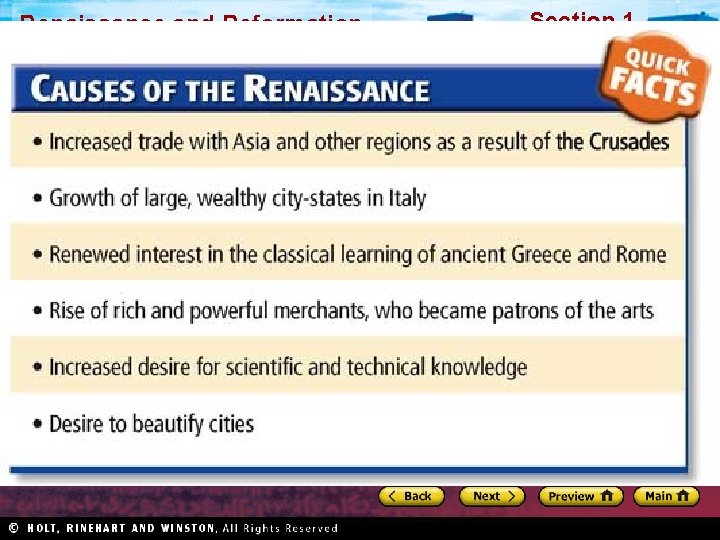 Renaissance and Reformation Section 1 