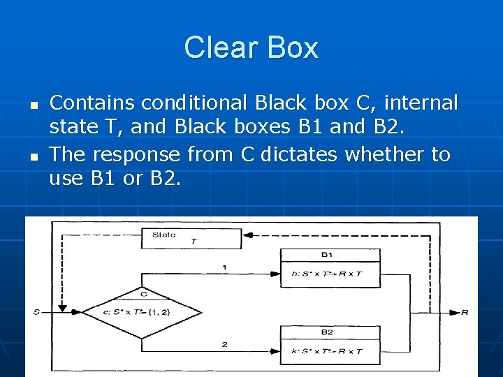 Clear Box n n Contains conditional Black box C, internal state T, and Black