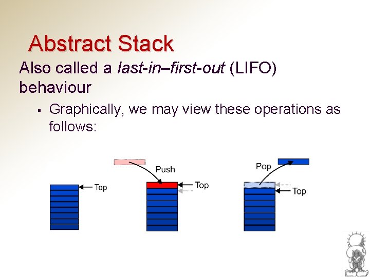 Abstract Stack Also called a last-in–first-out (LIFO) behaviour § Graphically, we may view these