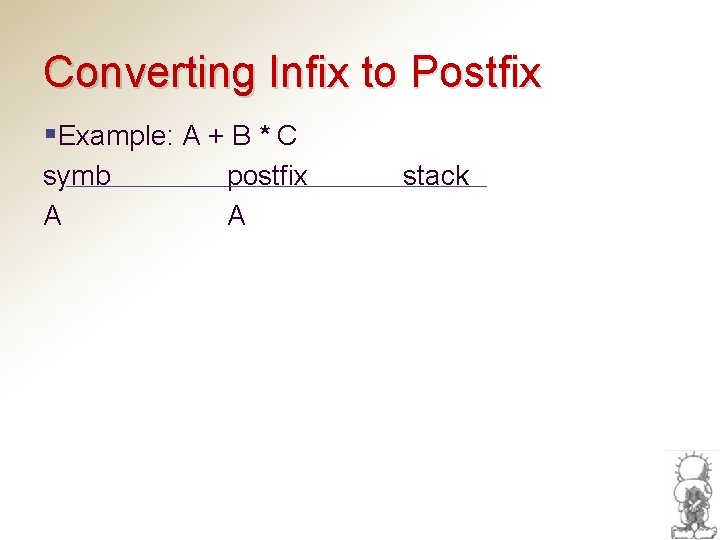 Converting Infix to Postfix §Example: A + B * C symb A postfix A