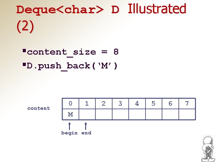 Deque<char> D Illustrated (2) §content_size = 8 §D. push_back(‘M’) content 0 M 1 begin