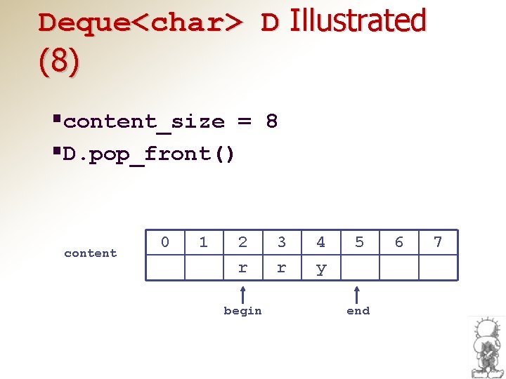 Deque<char> D Illustrated (8) §content_size = 8 §D. pop_front() content 0 1 2 r