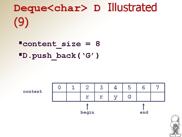 Deque<char> D Illustrated (9) §content_size = 8 §D. push_back(‘G’) content 0 1 2 r