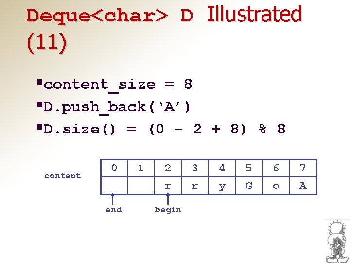 Deque<char> D Illustrated (11) §content_size = 8 §D. push_back(‘A’) §D. size() = (0 –