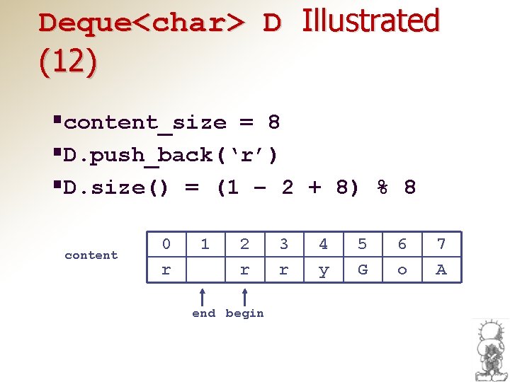 Deque<char> D Illustrated (12) §content_size = 8 §D. push_back(‘r’) §D. size() = (1 –
