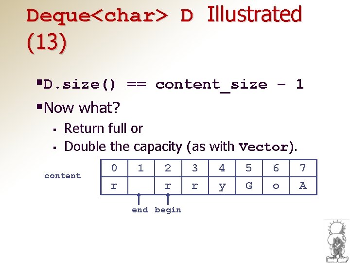 Deque<char> D Illustrated (13) §D. size() == content_size – 1 §Now what? § §