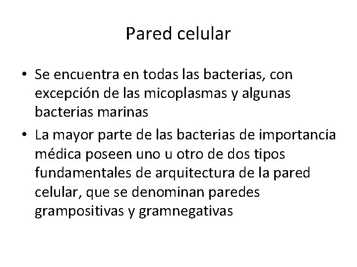 Pared celular • Se encuentra en todas las bacterias, con excepción de las micoplasmas