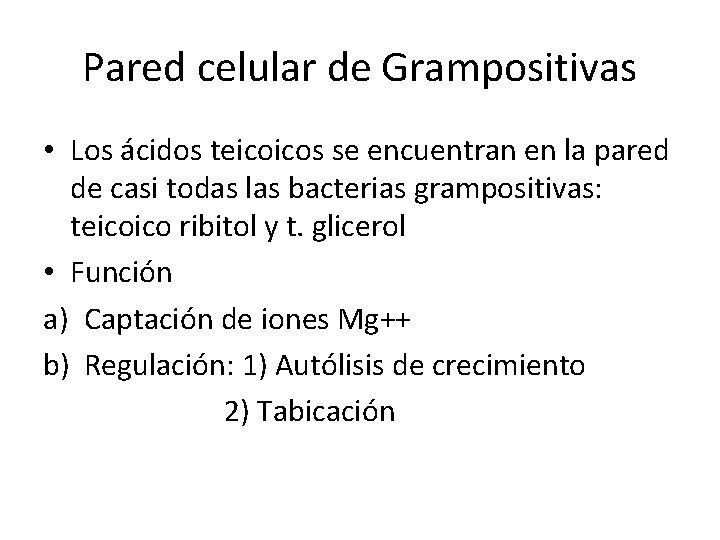 Pared celular de Grampositivas • Los ácidos teicoicos se encuentran en la pared de