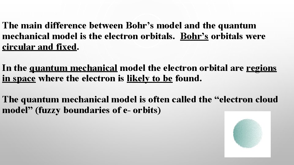 The main difference between Bohr’s model and the quantum mechanical model is the electron
