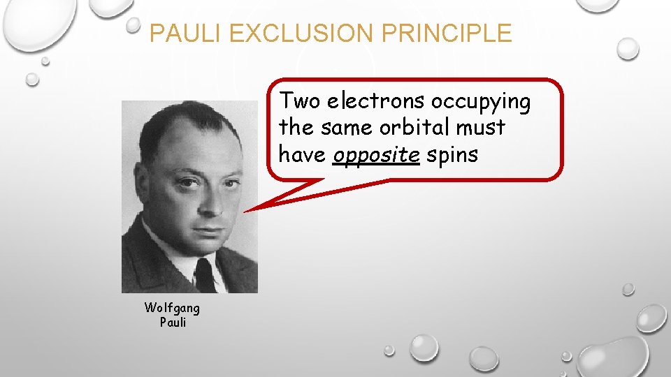 PAULI EXCLUSION PRINCIPLE Two electrons occupying the same orbital must have opposite spins Wolfgang