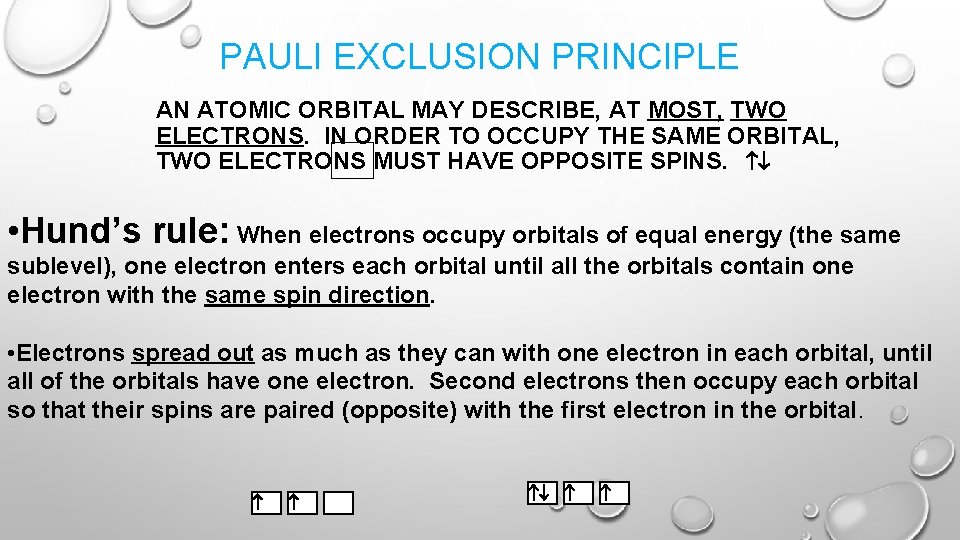 PAULI EXCLUSION PRINCIPLE AN ATOMIC ORBITAL MAY DESCRIBE, AT MOST, TWO ELECTRONS. IN ORDER