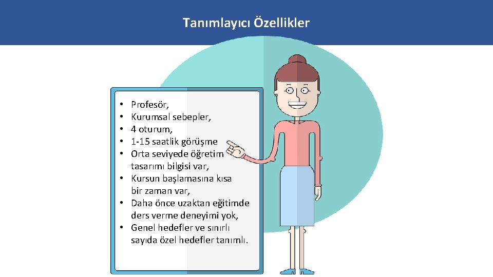 Tanımlayıcı Özellikler Profesör, Kurumsal sebepler, 4 oturum, 1 -15 saatlik görüşme Orta seviyede öğretim