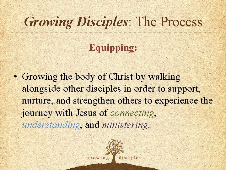 Growing Disciples: The Process Equipping: • Growing the body of Christ by walking alongside