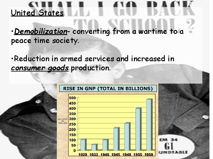 United States • Demobilization- converting from a wartime to a peace time society. •