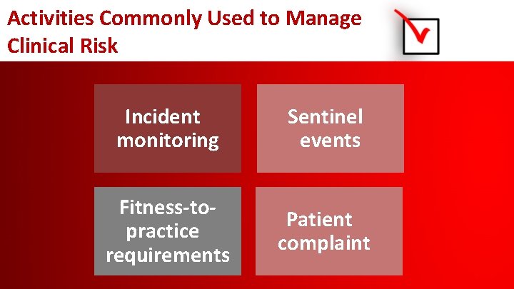 Activities Commonly Used to Manage Clinical Risk Incident monitoring Sentinel events Fitness-topractice requirements Patient
