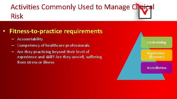 Activities Commonly Used to Manage Clinical Risk • Fitness-to-practice requirements – Accountability – Competency