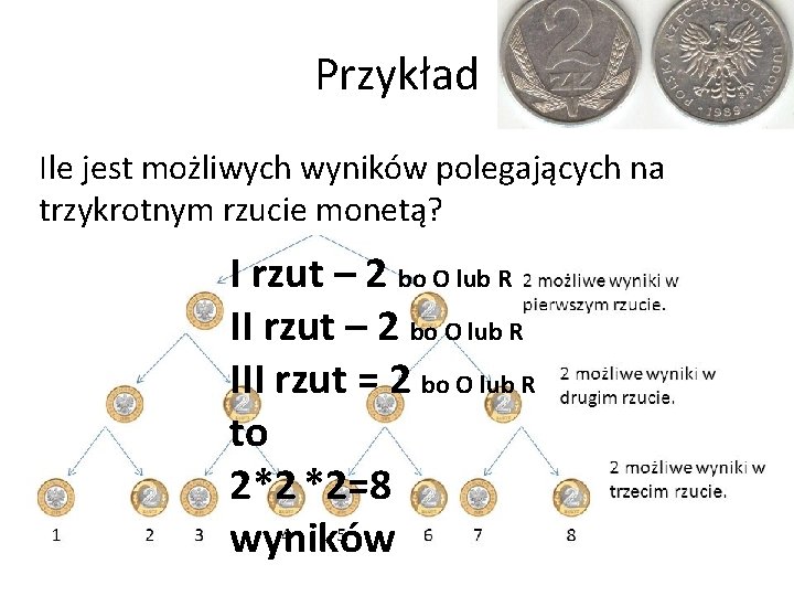 Przykład Ile jest możliwych wyników polegających na trzykrotnym rzucie monetą? I rzut – 2