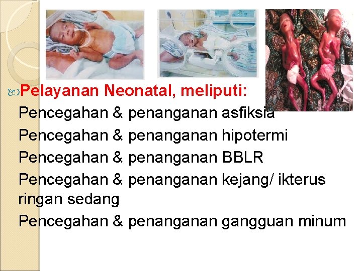 Lanjutan…. Pelayanan Neonatal, meliputi: Pencegahan & penanganan asfiksia Pencegahan & penanganan hipotermi Pencegahan &