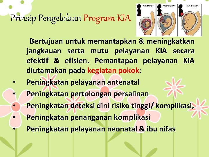 Prinsip Pengelolaan Program KIA • • • Bertujuan untuk memantapkan & meningkatkan jangkauan serta