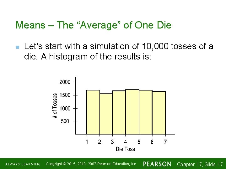 Means – The “Average” of One Die n Let’s start with a simulation of