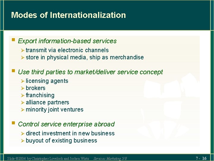 Modes of Internationalization § Export information-based services Ø transmit via electronic channels Ø store