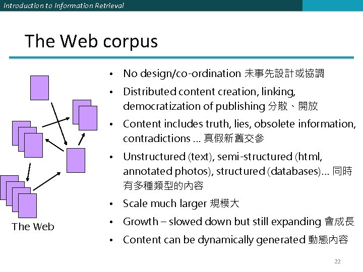 Introduction to Information Retrieval The Web corpus • No design/co-ordination 未事先設計或協調 • Distributed content