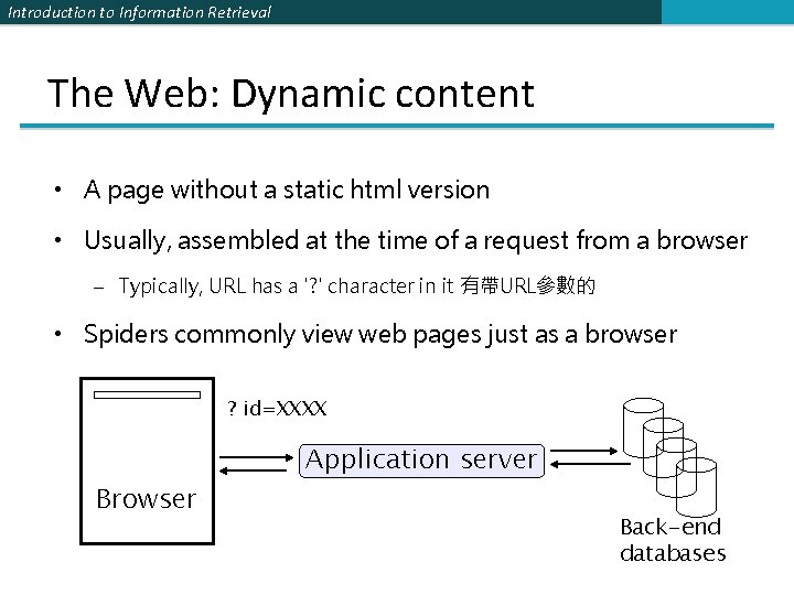 Introduction to Information Retrieval The Web: Dynamic content • A page without a static
