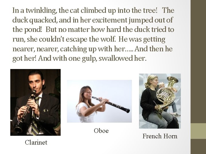 In a twinkling, the cat climbed up into the tree! The duck quacked, and