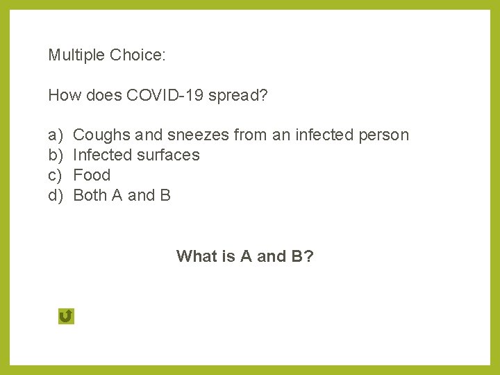 Multiple Choice: How does COVID-19 spread? a) b) c) d) Coughs and sneezes from