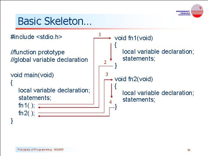 Basic Skeleton… #include <stdio. h> //function prototype //global variable declaration void main(void) { local Basic Skeleton… #include <stdio. h> //function prototype //global variable declaration void main(void) { local