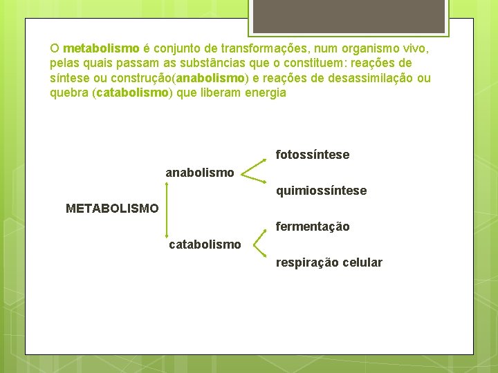 O metabolismo é conjunto de transformações, num organismo vivo, pelas quais passam as substâncias