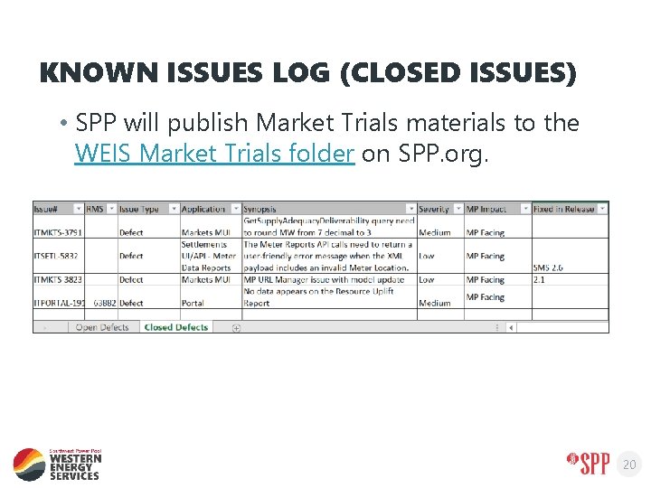 KNOWN ISSUES LOG (CLOSED ISSUES) • SPP will publish Market Trials materials to the