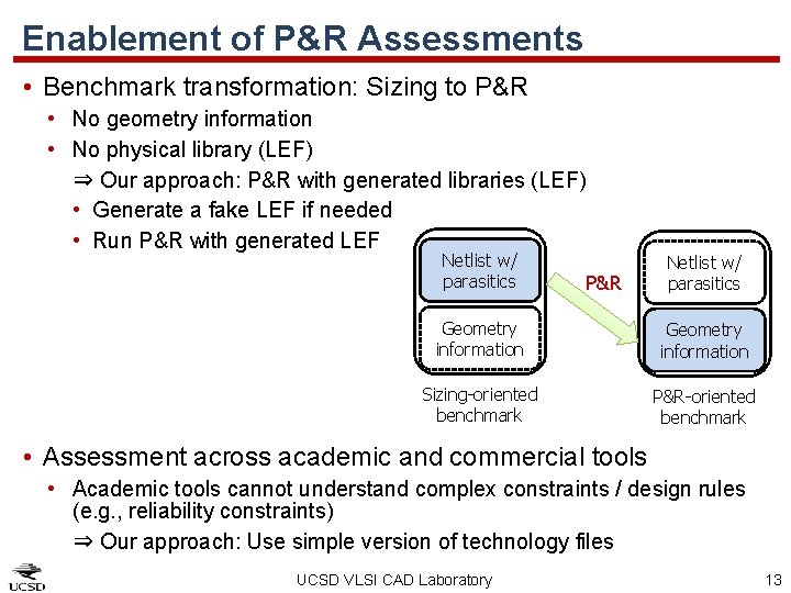 Enablement of P&R Assessments • Benchmark transformation: Sizing to P&R • No geometry information