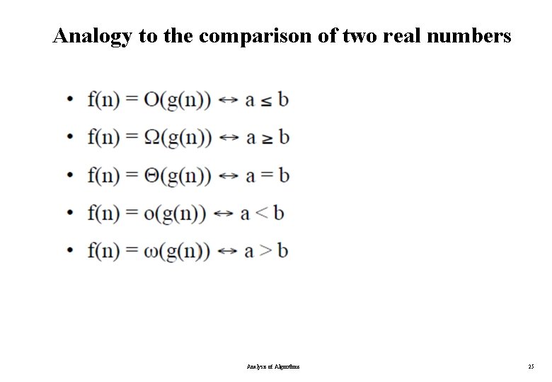 Analogy to the comparison of two real numbers Analysis of Algorithms 25 