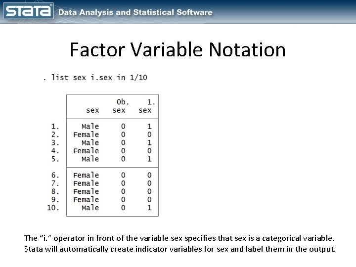 Factor Variable Notation The “i. ” operator in front of the variable sex specifies