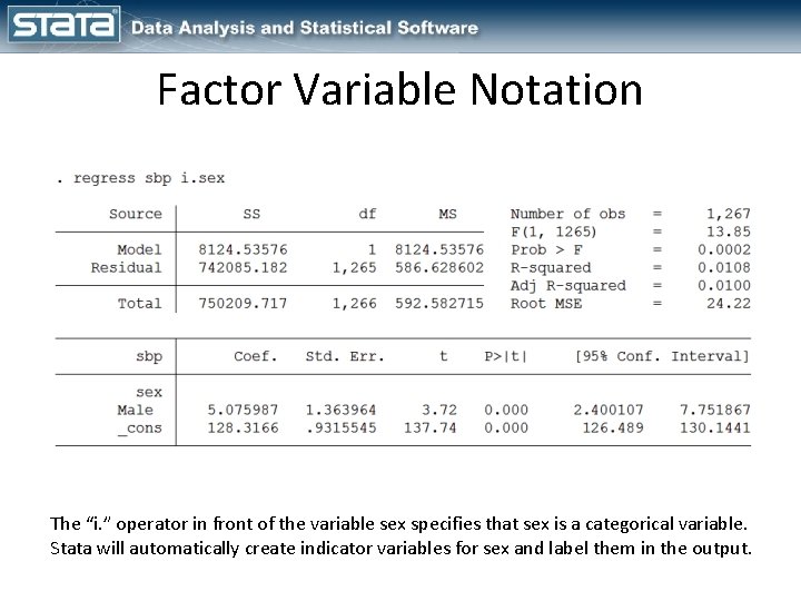 Factor Variable Notation The “i. ” operator in front of the variable sex specifies