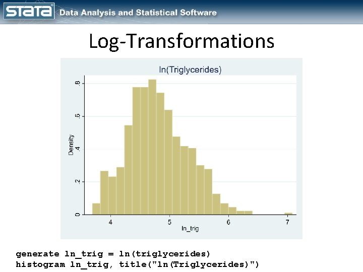 Log-Transformations generate ln_trig = ln(triglycerides) histogram ln_trig, title("ln(Triglycerides)") 