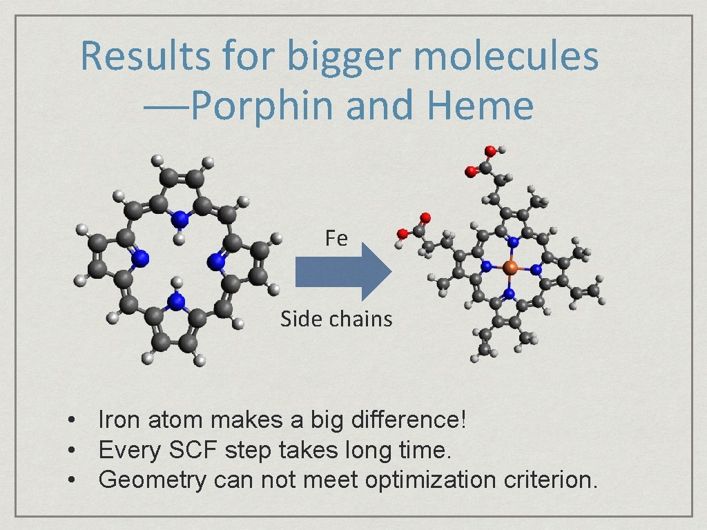 Results for bigger molecules ──Porphin and Heme Fe Side chains • Iron atom makes