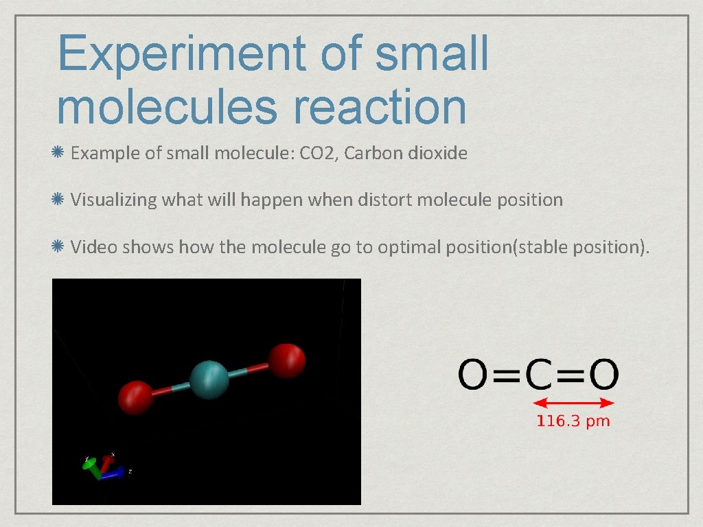 Experiment of small molecules reaction Example of small molecule: CO 2, Carbon dioxide Visualizing