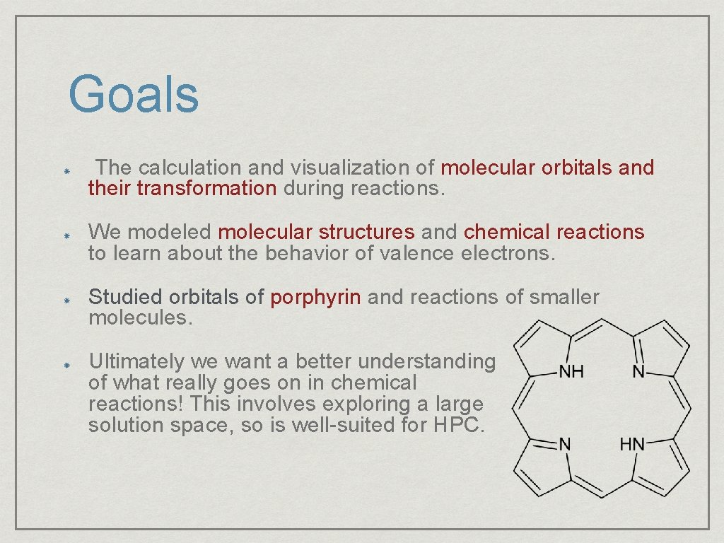 Goals The calculation and visualization of molecular orbitals and their transformation during reactions. We