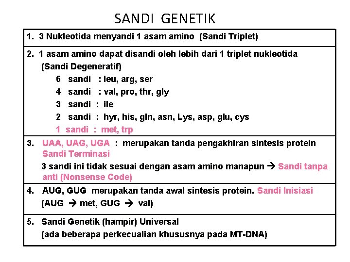SANDI GENETIK 1. 3 Nukleotida menyandi 1 asam amino (Sandi Triplet) 2. 1 asam